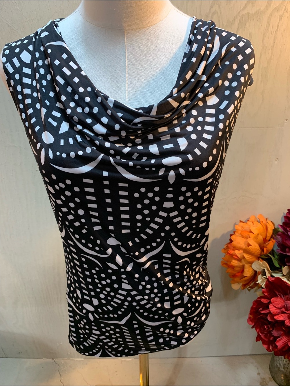 Worthington Black and White Geometric Cowl Neck Top